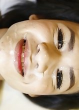 Small tits ladyboy gets a facial from a big white dick after sucking his cock